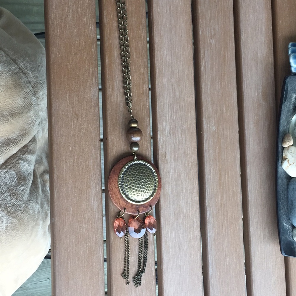 *SOLD* Long wood and jeweled pendant